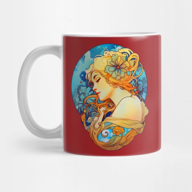 Alphonse Mucha Inspired Art Nouveau Girl With Flower In Her Hair by entwithanaxe